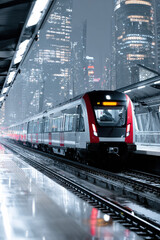 An electric train entering futuristic city station