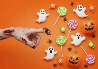 A spooky halloween scene with a severed hand reaching out to touch a spider crawling on a finger, surrounded by candy and pumpkins on an orange background