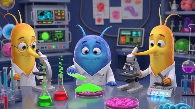 Three cartoon characters in lab coats conduct scientific experiments with microscopes, beakers, and petri dishes in a laboratory setting.