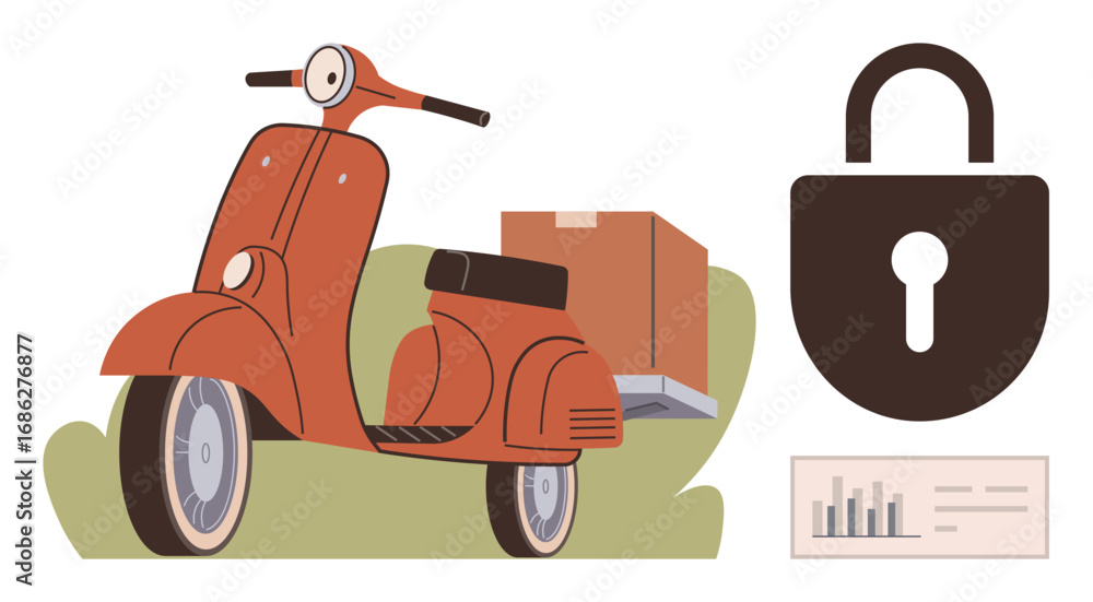 Poster red scooter with delivery package, secure lock as a symbol of protection, and data chart. ideal for 
