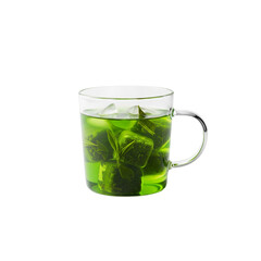 Designer glass mug of green tea with green color  white background