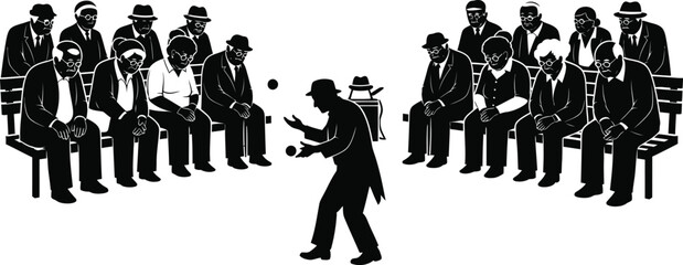 A juggler performing for a crowd, showcasing entertainment and skill in a vintage, monochrome illustration