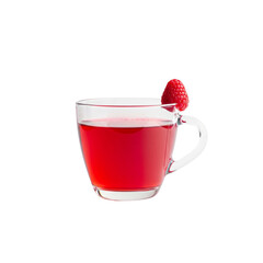 Glass teacup of raspberry hibiscus tea, raspberry garnish on rim white background