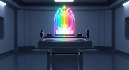 A futuristic dark room with a vibrant rainbow-colored light installation on a sleek table