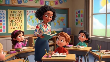 Animated classroom scene with a teacher and students engaged in learning. - Powered by Adobe