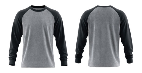 Gray and black raglan sleeve long-sleeved shirt mockup.  Front and back views