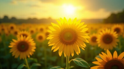 Fototapeta premium Sunflower Field Bathed In Golden Sunlight