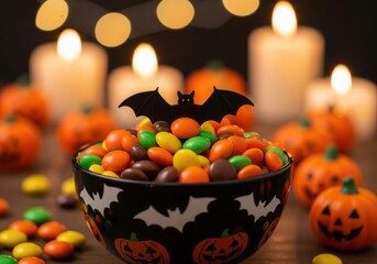 A bowl of colorful halloween candy with a bat decoration sits in front of flickering candles and mini pumpkins