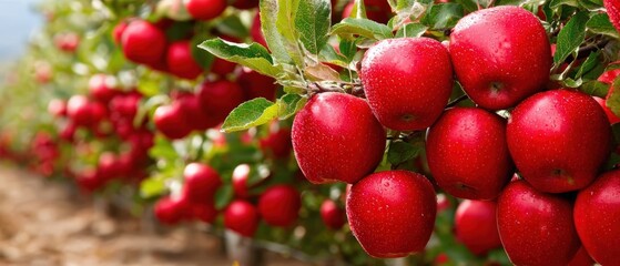 Obraz premium Lush Red Orchard with Bright Fruit Growing on Dense Green Foliage in a Sunny Agricultural Field for Healthy Food Production