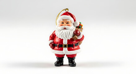 A santa claus ornament with a sack of gifts on a white background for christmas decoration