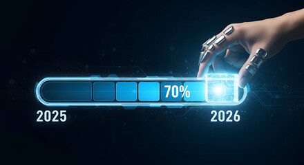 A hand with futuristic rings pushing a progress bar from 2025 to 2026 at seventy percent