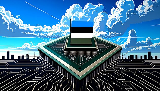 Estonian flag on a microchip, futuristic cityscape - Powered by Adobe