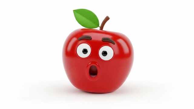 A 3D-rendered red apple with a cartoonish, sad expression, featuring downturned eyes and a frown, sits atop a white background.  A small green leaf adorns its stem