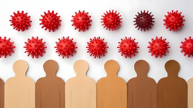 Red virus particles above diverse human silhouette figures with one darker virus covid coronavirus