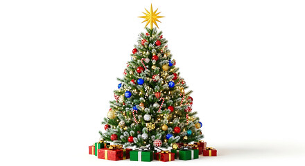 Naklejka premium Decorated christmas tree with star topper and gift boxes on a white background studio shot image scene