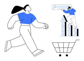 Person running near a shopping cart and another analyzing rising bar chart with search icon. Ideal for commerce, retail, marketing, growth strategy, online shopping, business analytics. Simple flat