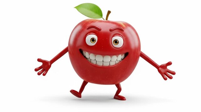 A cheerful, cartoon apple with a wide grin, outstretched arms, and tiny legs stands against a white backdrop; it has a green leaf atop its stem