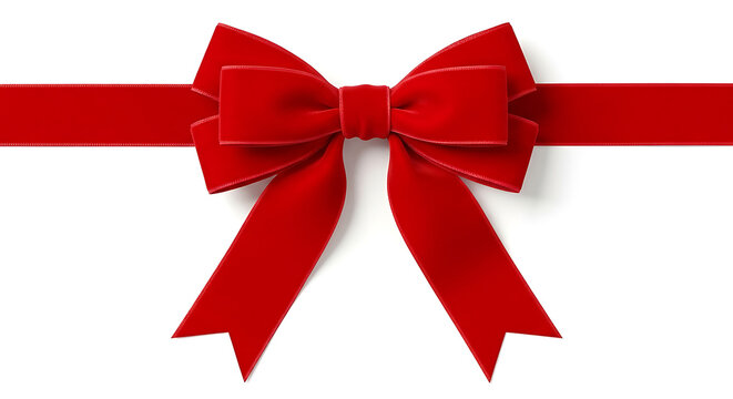 A close up of a vibrant red velvet bow tied on a white background with a horizontal ribbon across it