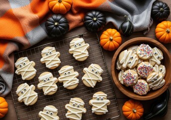 Delicious halloween mummy cookies and pumpkin cookies decorated with icing and sprinkles served on a cooling rack and in a bowl with mini pumpkins and a checkered blanket
