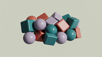 Arrangement of colorful 3D spheres and cubes stacked in geometric cluster