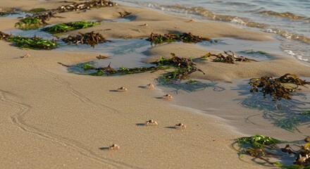 A group of tiny ghost crabs scurries across the wet sand among green seaweed at the shoreline during a peaceful low tide