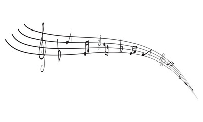 Curved musical notes on flowing staff design. Music notes wave. Black musical notes on a wavy staff line creating an artistic abstract music background, symbolizing melody, harmony. 