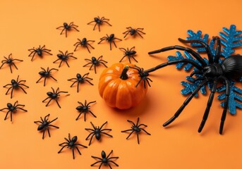 A collection of plastic spiders and a small pumpkin are scattered across an orange background, with a large spider and blue snowflake on the right side
