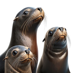 Obraz premium Close up portrait of a trio of sea lions with wet fur and whiskers looking upwards isolated on transparent background