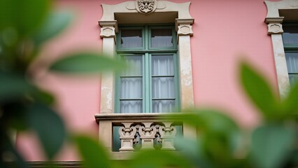 Window Framed By Green Leaves And Building