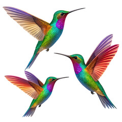 Fototapeta premium Three vibrant iridescent hummingbirds in flight with wings spread isolated on transparent background