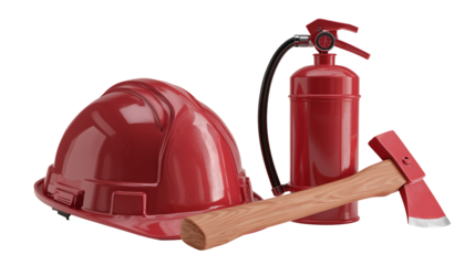 Firefighter helmet, axe, and extinguisher