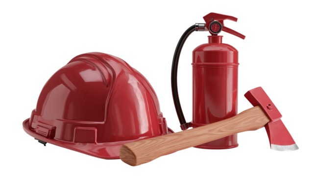 Firefighter helmet, axe, and extinguisher
