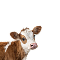 Close up portrait of a young brown and white calf looking curiously at the camera isolated on transparent background