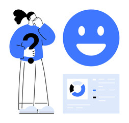 Person holding a question mark, large smiling face symbol, pie chart, and text-based data insights. Ideal for decision-making, analytics, emotions, problem-solving, feedback mood simple landing