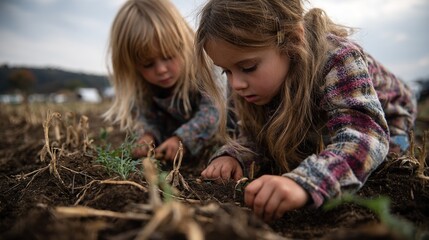 Little girls examining plant life in a rural cultivated field together