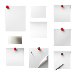 Blank sticky notes, various sizes and positions, some with curled edges, pinned to a surface