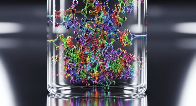 Close-up of a colorful molecular structure model in a glass beaker on a reflective surface with a dark background.