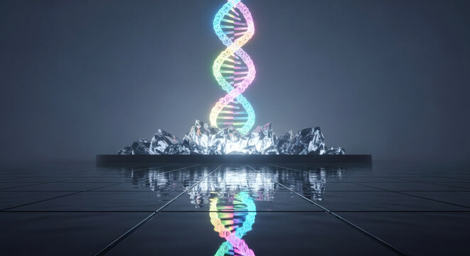 3D illustration of a glowing DNA double helix rising from a pile of ice on a reflective surface with a dark background. - Powered by Adobe