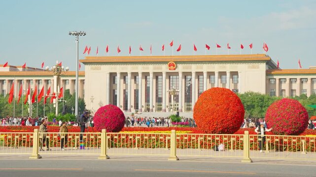 Magnificent view of Beijing Tiananmen Square Great Hall of the People during National Day celebration