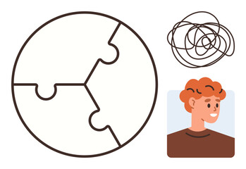 Circular puzzle symbolizing mental clarity, messy lines indicating confusion, and a person thinking. Ideal for psychology, problem-solving, decision-making, self-awareness, personal growth, mental