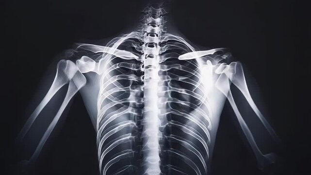 X ray image showing human spine and shoulder bones