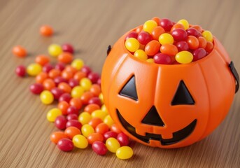 A cheerful jackolantern candy bucket overflowing with colorful jelly beans, scattered on a wooden surface, perfect for halloween