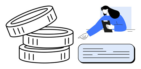 Stacked coins, woman holding clipboard suggesting plans, and a text block. Ideal for banking, investment, budgeting, accounting, strategy, consulting simple landing page