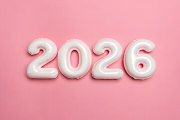 Celebrating the Year 2026 with Shiny White Balloon Numbers on a Vibrant Pink Background Creating a Festive and Optimistic Atmosphere for Future Events and Milestones