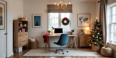 Cozy holiday-themed home office with a Christmas tree and decorations.
