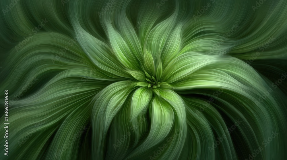Poster abstract green spiral pattern with radiating curves and detailed textures creating a dynamic visual 