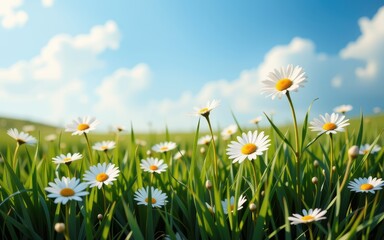 A field of daisies under a bright blue sky.