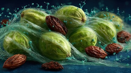 Macro Shot of Glowing Herbal Seeds Suspended in Emerald Green Fluid with Delicate Molecular Textures, Symbolizing Natural Healing and Anti-Inflammatory Power
