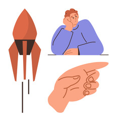 Man sitting in deep thought, a rocket launching to symbolize ambition, and a hand pointing forward for guidance. Ideal for themes thumbs up innovation, exploration, growth, leadership, curiosity