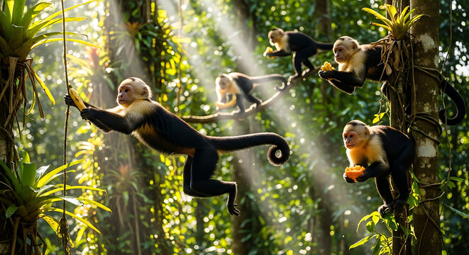 A troop of white faced capuchin monkeys in a lush green forest with sunlight streaming through trees